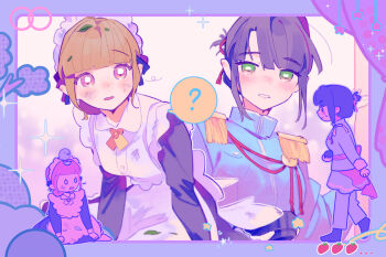 0_0 2girls ? alternate_costume black_hair blue_jacket blue_pants blunt_bangs blush breasts cho_toutoi_love colored_speech_bubble commentary cross_tie dress epaulettes highres holding jacket kachimachi_kosuzu leaf leaf_on_head link!_like!_love_live! long_dress love_live! maid maid_headdress master_and_servant medium_breasts momose_ginko multiple_girls multiple_views official_alternate_costume open_mouth pants pink_eyes pipi_(m1x_mix) ponytail prince revision short_hair short_ponytail sidelocks simple_background sitting speech_bubble spoken_question_mark standing virtual_youtuber walking white_background yellow_cross_tie