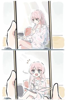 2girls bang_dream! bang_dream!_it&#039;s_mygo!!!!! cellphone chihaya_anon commentary corrupted_twitter_file female_pov grey_eyes highres holding holding_phone long_hair long_sleeves lyy multiple_girls nagasaki_soyo phone pink_hair pov shirt shorts smartphone symbol-only_commentary tablet_pc white_shirt white_shorts