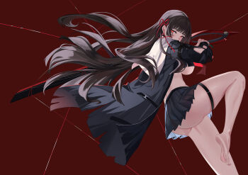 1girl absurdres adapted_costume arm_cutout ass barefoot black_jacket black_shirt black_skirt breasts chisa_(wuthering_waves) clothing_cutout commentary_request crop_top feet floating_hair from_side hair_ribbon highres holding holding_sword holding_weapon jacket knee_up large_breasts leg_up long_hair long_sleeves looking_at_viewer looking_to_the_side miniskirt neckerchief partial_commentary red_background red_eyes red_neckerchief red_ribbon ribbon sailor_collar shirt skirt soles solo sword thigh_strap thighs underboob very_long_hair weapon white_sailor_collar wuthering_waves z531525600