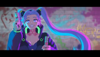 1girl black_jacket blue_hair blurry blurry_background body_writing boku_no_hero_academia cosplay cyberpunk:_edgerunners cyberpunk_(series) female_focus graffiti grin hado_nejire highres jacket kyochakocchis long_hair long_sleeves partially_unzipped rebecca_(cyberpunk) rebecca_(cyberpunk)_(cosplay) smile solo teeth twintails