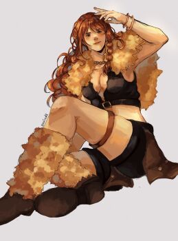 1girl blush bracelet braid breasts capelet cleavage full_body fur_capelet highres jewelry leg_warmers long_hair nami_(one_piece) one_piece orange_hair seafreakk shorts solo thigh_strap twitter_username