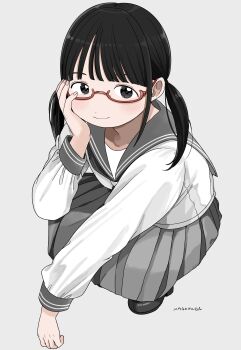 1girl absurdres artist_name black_eyes black_hair choppy_bangs closed_mouth commentary dot_nose fingernails from_above full_body glasses grey_sailor_collar grey_skirt hand_rest hand_up highres looking_at_viewer medium_hair nagomurasan original pleated_skirt red-framed_eyewear round_eyewear sailor_collar school_uniform semi-rimless_eyewear serafuku shirt skirt smile solo squatting symbol-only_commentary twintails under-rim_eyewear white_shirt