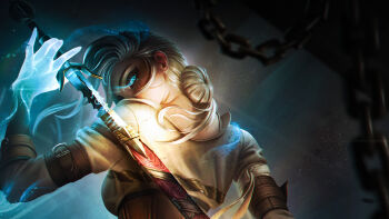 1girl absurdres alternate_eye_color blue_eyes brown_corset chain ciri corset drawing_sword facial_scar glowing glowing_eyes highres holding holding_sword holding_weapon lara_nedorostova looking_at_viewer looking_back magic scar scar_on_cheek scar_on_face shirt sword the_witcher_(series) the_witcher_3 upper_body weapon white_hair white_shirt