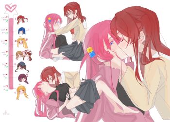 6+girls ahoge barefoot black_hat black_shirt blonde_hair blue_eyes blue_hair blush bocchi_the_rock! braid brown_hair brown_shirt closed_eyes clothes_lift commentary cube_hair_ornament fan_1-gou fan_2-gou gotoh_hitori green_eyes grey_skirt hair_ornament hand_on_another&#039;s_stomach hat heart highres hiroi_kikuri ijichi_nijika ijichi_seika jacket kiss kiss_meter_(meme) kita_ikuyo long_hair meme multiple_girls one_side_up ootsuki_yoyoko open_clothes open_skirt pink_hair pink_jacket pleated_skirt purple_hair red_eyes red_hair school_uniform shirt shirt_lift short_hair shuka_high_school_uniform side_ponytail simple_background single_braid skirt sparkle starstruckkmess tears track_jacket twintails white_background white_hat yamada_ryo yellow_eyes yuri