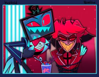 2boys alastor_(hazbin_hotel) animal_ears black_hat black_shirt bound bound_arms bound_wrists bow bowtie commentary deer deer_ears english_commentary flat_screen_tv forced_smile hand_on_another's_shoulder hat hazbin_hotel hellaverse jacket looking_at_another looking_at_viewer multiple_boys red_bow red_bowtie red_skirt sharp_teeth shirt skirt smile teeth television vox_(hazbin_hotel) yaoi