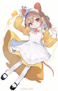 1girl :o absurdres animal_ears apron bow bowtie brown_hair dress frilled_apron frills highres juliet_sleeves long_sleeves looking_at_viewer maid maid_apron maid_headdress mouse_(animal) mouse_ears mouse_girl mouse_tail original pantyhose pink_bow pink_bowtie puffy_sleeves shishiodoshi solo tail white_apron white_pantyhose yellow_dress