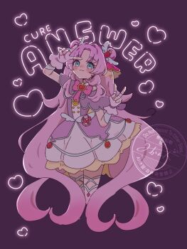 1girl ahoge akechi_anna aqua_trim back_bow bare_shoulders blue_eyes blush bow brooch buttons character_name closed_mouth commentary cropped_legs cure_answer dark_background double-breasted double_bun double_v dress earrings english_text fingerless_gloves gloves gold_buttons hair_bun hair_flaps hair_intakes hair_ornament hands_up heart heart_brooch highres impossible_hair jewelry layered_dress legs_together long_hair looking_at_viewer magical_girl medium_dress meitantei_precure! off-shoulder_dress off_shoulder pact_holder pleated_dress pouch precure puni2_kuru2 purple_bow purple_dress purple_gloves purple_hair purple_theme purple_thighhighs sidelocks smile solo thick_eyebrows thighhighs v v_over_head very_long_hair watermark wing_hair_ornament yellow_bow