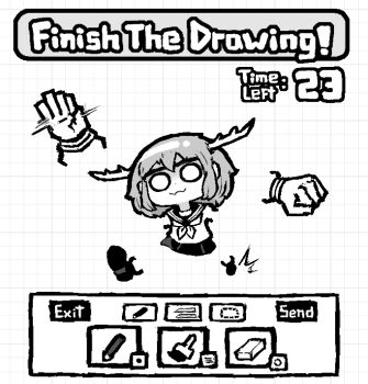 1girl :3 antlers blank_eyes closed_mouth countdown_timer deer_antlers deer_girl disembodied_hand dot_nose english_text eraser greyscale grid_background horns inawon medium_hair monochrome neckerchief paintbrush pencil shikanoko_noko shikanoko_nokonoko_koshitantan shirt shoes sidelocks skirt solo white_background