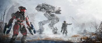 2204design absurdres armor character_request dead_plants dual_wielding fog full_armor halo_(series) highres holding index_finger_raised looking_to_the_side mecha needler odst radar_dish robot ruins snow spartan_(halo) steel_beam truss walker_(robot) weapon_request