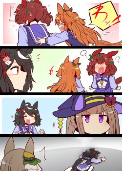 >_< +++ 5girls ^^^ angry back_bow black_hair blunt_bangs bow bowtie braid braided_hair_rings brown_bow brown_hair clothing_cutout ear_bow ear_ornament flying_sweatdrops green_bow green_ribbon hair_ribbon hair_rings hat hat_bow hat_tassel head_steam highres horse_tail kitasan_black_(umamusume) mayano_top_gun_(umamusume) motion_lines multiple_girls nice_nature_(umamusume) no_mouth notice_lines orange_hair puckered_lips puff_of_air purple_eyes purple_hat purple_sailor_collar purple_shirt red_bow red_eyes ribbon sailor_collar satono_diamond_(umamusume) school_uniform shirt speech_bubble sweep_tosho_(umamusume) tail tail_through_clothes teeth tracen_school_uniform translated twintails two-sided_fabric two_side_up umamusume upper_teeth_only white_bow white_bowtie white_hair white_streaks winter winter_uniform witch_hat yonedatomo_mizu