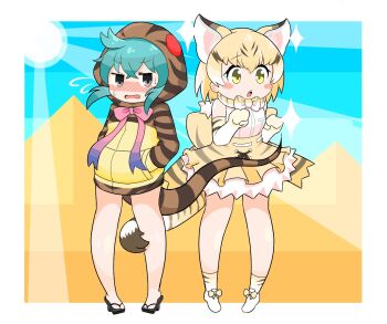 2girls animal_ears animal_print back_bow bare_legs bare_shoulders blonde_hair blue_eyes blush bow bowtie brown_hair brown_hoodie cat_ears cat_girl cat_tail elbow_gloves extra_ears frilled_skirt frills geta gloves hair_between_eyes hands_in_pockets high-waist_skirt highres hood hood_up hoodie kanimiso_na_double kemono_friends multicolored_hair multiple_girls nose_blush open_mouth print_bow print_bowtie print_gloves print_hoodie print_skirt print_socks pyramid_(structure) sand_cat_(kemono_friends) shirt shoes short_hair sidelocks skirt sleeveless snake_girl snake_print snake_tail socks sparkle sweatdrop tail tail_around_another&#039;s_leg tail_wrap tengu-geta tsuchinoko_(kemono_friends) wavy_mouth white_footwear white_shirt yellow_eyes yellow_hoodie