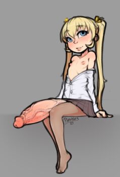 1futa artist_name asakura_mao bare_shoulders blonde_hair blue_eyes blush buttons erection feet flat_chest futabu futanari grey_background huge_penis legs loli long_sleeves nipples penis plebbles school_uniform shirt skirt solo thighs twintails unbuttoned unbuttoned_shirt undressing veins veiny_penis white_shirt