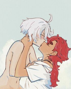 2girls blue_background blush breasts closed_eyes clothed_female_nude_female female_focus film_grain french_kiss gundam gundam_suisei_no_majo hand_on_another&#039;s_neck haru_izumizu highres kiss long_hair medium_breasts miorine_rembran multiple_girls navel nude red_hair scar scar_on_face shirt short_hair suletta_mercury thick_eyebrows white_hair white_shirt yuri