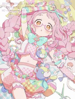 1girl aqua_bow aqua_bowtie bow bowtie braid brooch brown_eyes buttons center_frills colorful crop_top fingerless_gloves floral_print frills glasses gloves haru_(haru1bc6c4) hashtag-only_commentary highres holding holding_scissors jewelry kiki_ajimi long_hair looking_at_viewer midriff multicolored_gloves multicolored_nails multicolored_shorts navel necklace pink-framed_eyewear pink_hair plaid_clothes plaid_shorts polka_dot pretty_series pripara puffy_shorts scissors semi-rimless_eyewear short_shorts shorts single_fingerless_glove solo striped_clothes striped_gloves stuffed_animal stuffed_toy teddy_bear toy twin_braids watermark wide-eyed