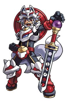 Rule 34 | 1boy, animal ears, animal helmet, armor, armored boots, bangle, belt, black bodysuit, black gloves, bodysuit, boots, bracelet, fangs, floating, floating object, floating sword, floating weapon, fox boy, fox ears, fox tail, gloves, gold armor, gold trim, grey hair, grey tail, hair between eyes, harakawa mitsuhiro, jewelry, knee pads, looking at viewer, multicolored armor, official art, open mouth, red armor, red belt, red boots, red eyes, sai (shinrabanshou), shinrabanshou, short hair, solo, sword, tail, teeth, thick eyebrows, third-party source, transparent background, upper teeth only, weapon, white armor