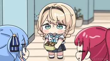 Rule 34 | 3girls, black hairband, black shoes, blonde hair, blue eyes, blue hair, blue sailor collar, blue skirt, blurry, blurry background, braid, chibi, closed eyes, commentary request, cookie, depth of field, flying sweatdrops, food, hairband, holding, hololive, hoshimachi suisei, hoshimachi suisei (sailor), houshou marine, indoors, kazama iroha, kazama iroha (school uniform), low twintails, mochimiko, multiple girls, official alternate costume, plant, pleated skirt, potted plant, red hair, sailor collar, school uniform, serafuku, shadow, shirt, shoes, short sleeves, skirt, socks, standing, sweat, twin braids, twintails, virtual youtuber, white shirt, white socks, wooden floor, yurie mouth