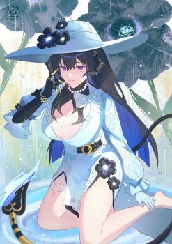 1girl artist_logo artist_name asymmetrical_gloves barefoot black_flower black_hair black_horns blue_hair breasts cleavage cleavage_cutout clothing_cutout colored_inner_hair constance_(honkai:_star_rail) demon_tail dress flower gloves hat highres honkai:_star_rail honkai_(series) horns jewelry logo long_hair mismatched_gloves mole mole_under_eye multicolored_hair necklace pearl_necklace purple_eyes solo tail verusca white_dress white_gloves white_hat wide_brim