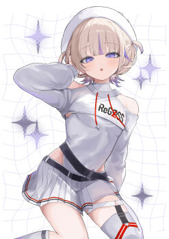 1girl absurdres arm_up beret blonde_hair breasts clothing_cutout commentary_request hat highres hololive hololive_dev_is leotard looking_at_viewer multicolored_hair pleated_skirt purple_eyes purple_hair shirakabamoga short_hair shoulder_cutout shrug_(clothing) simple_background single_thighhigh sitting skirt small_breasts solo sparkle streaked_hair thighhighs todoroki_hajime todoroki_hajime_(regloss_uniform) virtual_youtuber wariza white_leotard white_shrug white_skirt white_thighhighs