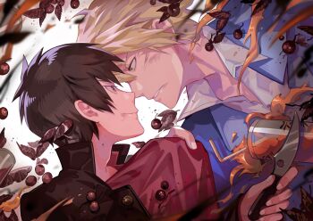 2boys absurdres berry black_hair black_jacket blue_jacket clothes_grab collared_jacket collared_shirt cup disposable_cup drinking_straw durarara!! eromkk eye_contact heiwajima_shizuo highres holding holding_knife holding_weapon jacket knife lapels leaf looking_at_another male_focus multiple_boys open_collar orihara_izaya parted_lips popped_collar red_eyes red_shirt shirt shirt_grab smile weapon white_shirt yellow_eyes