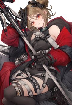 1girl angelina_(arknights) angelina_(arknights)_(cosplay) angelina_(distinguished_visitor)_(arknights) arknights black_collar black_gloves black_leotard black_thighhighs brown_hair carabiner coat collar commentary_request commission cosplay dot_nose double_bun girls'_frontline gloves hair_bun headgear holding holding_staff impossible_clothes impossible_leotard infection_monitor_(arknights) leotard long_sleeves looking_at_viewer medium_hair open_clothes open_coat over-kneehighs p90_(girls'_frontline) red_coat red_eyes simple_background single_bare_shoulder single_off_shoulder skeb_commission smile snm_(sunimi) solo staff taut_leotard thigh_strap thighhighs white_background
