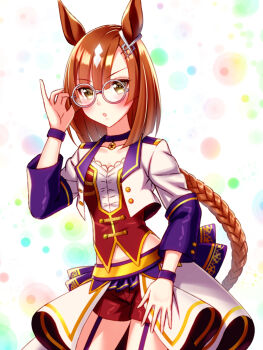 adjusting_eyewear animal_ears blush bodice braid braided_ponytail breasts brown_eyes brown_hair choker collarbone commentary_request corset cropped_jacket ear_ornament garter_straps glasses grey-framed_eyewear highres horse_ears horse_girl ikuno_dictus_(umamusume) jacket long_hair long_sleeves looking_at_viewer medium_breasts midriff_peek multicolored_hair navel no_tail overskirt parted_lips pendant_choker purple_choker purple_garter_straps red_corset red_shorts round_eyewear shirt shorts starting_future_(umamusume) sugimotty_nova umamusume white_jacket white_shirt wristband