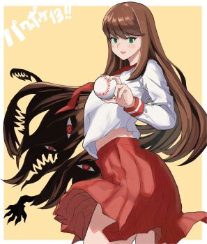 1girl amezaki_chihaya ball baseball_(object) border brown_hair commentary_request extra_eyes green_eyes highres holding holding_ball jikkyou_powerful_pro_yakyuu long_hair looking_at_viewer looking_back midriff_peek monster_girl navel necktie open_mouth outside_border power_pro_kun_pocket power_pro_kun_pocket_13 red_eyes red_necktie red_skirt school_uniform shirt skirt solo white_border white_scales white_shirt yamame_012