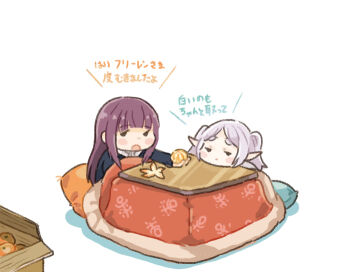 Rule 34 | 2girls, blunt bangs, box, cardboard box, elf, fern (sousou no frieren), food, frieren, fruit, grey hair, kotatsu, mandarin orange, multiple girls, orange peel, pointy ears, saiguchi otoufu, simple background, sousou no frieren, table, translation request, twintails, white background