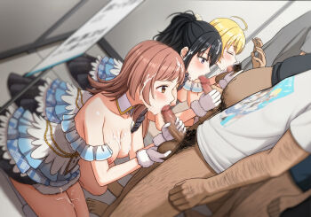 3girls 4boys ahoge arm_hair beyond_the_bluesky_(idolmaster) black_hair blonde_hair blush bottomless breasts brown_hair caressing_testicles censored closed_eyes cum cum_on_body cum_on_breasts cum_on_hair cum_on_upper_body detached_collar dress dutch_angle facial fat fat_man fellatio fellatio_lineup hachimiya_meguru hangaku_banana highres idolmaster idolmaster_shiny_colors illumination_stars_(idolmaster) kazano_hiori kneeling layered_dress leg_hair male_pubic_hair medium_breasts mosaic_censoring multiple_boys multiple_girls oral penis penis_grab pubic_hair sakuragi_mano shirt t-shirt testicles