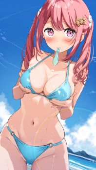 1girl bikini blue_bikini blue_sky blush borrowed_character breast_lift breasts closed_mouth condom condom_in_mouth cowboy_shot cum cum_on_body dot_nose double-parted_bangs hair_ornament hair_over_shoulder hair_ribbon halterneck hands_up highres implied_after_sex kurumi_(kantoku) large_breasts lens_flare long_hair looking_at_viewer miyuki_(yxbt7) mouth_hold navel o-ring o-ring_bikini ocean original outdoors pink_eyes pink_hair ribbon shiny_skin sky solo star_(symbol) star_hair_ornament stomach string_bikini swimsuit twintails used_condom
