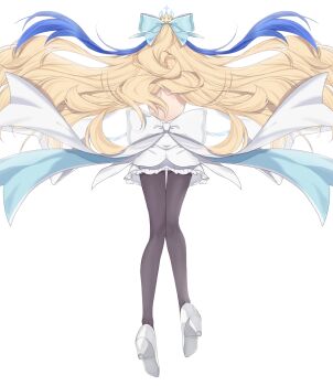 1girl aimii_mii artoria_caster_(fate) artoria_caster_(hopewill_camelot)_(fate) artoria_caster_(swimsuit)_(fate) artoria_caster_(swimsuit)_(third_ascension)_(fate) artoria_caster_(swimsuit_berserker)_(third_ascension)_(fate) artoria_pendragon_(fate) bare_back blonde_hair blue_one-piece_swimsuit blue_ribbon bow casual_one-piece_swimsuit crown facing_away fate/grand_order fate_(series) flat_color hair_bow high_heels highleg highleg_one-piece_swimsuit highres long_hair one-piece_swimsuit ornament ribbon shoes side-tie_swimsuit solo swimsuit very_long_hair white_shoes