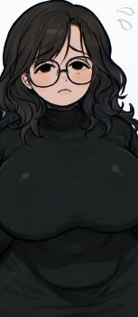 1girl belly black-framed_eyewear black_eyes black_hair black_shirt blush breasts curvy dot_nose frown glasses hashtag-only_commentary highres huge_breasts long_hair looking_at_viewer no_pupils no_sclera original parted_bangs plump shirt simple_background solo tada_hajime wavy_hair white_background