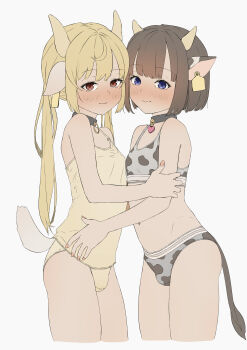 absurdres akaihoppe animal_ears blonde_hair blue_eyes blush bra brown_eyes brown_hair bulge choker cow_ears cow_tail crossdressing crossdressing_(mtf) highres hug long_hair panties tail trap underwear
