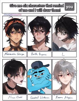 1girl 5boys animal_collar backwards_hat bags_under_eyes baseball_cap black_choker black_eyes black_hair black_jacket black_lips black_shirt character_name choker cigarette collar collared_shirt death_note denim earrings facial_scar furrowed_brow grey_hair gumball_watterson hair_between_eyes hairband hat highres jacket jeans jewelry jojo_no_kimyou_na_bouken keith_(voltron) l_(death_note) multiple_boys multiple_drawing_challenge multiple_earrings nagisa_kaworu nana_(series) narancia_ghirga neon_genesis_evangelion no_eyebrows orange_hairband osaki_nana pants parted_bangs parted_lips portrait purple_eyes red_eyes scar scar_on_cheek scar_on_face shirt short_hair six_fanarts_challenge smoking the_amazing_world_of_gumball thick_eyebrows upper_body voltron:_legendary_defender voltron_(series) white_background white_shirt yoonmiumi