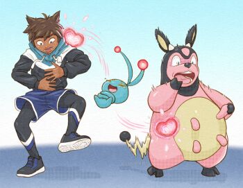 1boy aura body_switch brown_hair closed_eyes commentary crossed_arms english_commentary floating gen_2_pokemon gen_4_pokemon happy heart heart_swap_(pokemon) holding knee_up laughing leg_up legendary_pokemon long_sleeves looking_down male_focus manaphy miltank mythical_pokemon nintendo open_mouth original personality_switch pokemon pokemon_(creature) short_hair shorts spoonyliger standing surprised tail tearing_up tears
