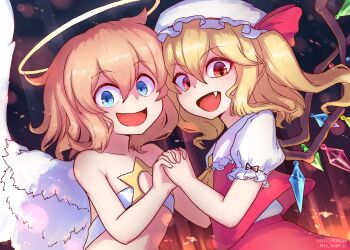 2girls angel angel_wings ascot blonde_hair blue_eyes bow breasts collarbone commentary_request crossover crystal fang feathered_wings fiery_background fire flandre_scarlet hair_between_eyes halo hat hexagram highres holding_hands interlocked_fingers looking_at_viewer lucifina_(mon-musu_quest!) mob_cap mon-musu_quest! multiple_girls naked_ribbon open_mouth pixiv_username puffy_sleeves red_eyes ribbon shirt short_hair short_sleeves side_ponytail small_breasts smile to_kage_p touhou twitter_username vampire vest white_ribbon white_wings wings yellow_halo