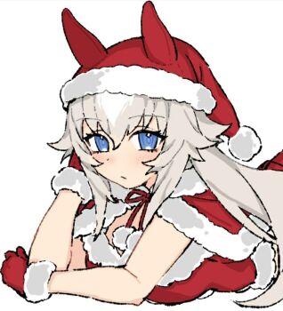 1girl animal_ears blue_eyes capelet christmas commentary commonmae elbow_rest english_commentary expressionless fur-trimmed_capelet fur-trimmed_gloves fur-trimmed_shirt fur_trim gloves grey_hair hair_flaps hand_on_own_cheek hand_on_own_face hat horse_ears horse_girl long_hair looking_at_viewer lying multicolored_hair oguri_cap_(umamusume) on_stomach pom_pom_(clothes) santa_costume santa_hat shirt solo umamusume white_hair