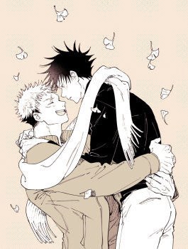 Rule 34 | 2boys, commentary request, falling petals, from side, fushiguro megumi, happy, itadori yuuji, jacket, jj59u, jujutsu kaisen, lifting person, light blush, long sleeves, looking at another, male focus, multiple boys, open clothes, open jacket, open mouth, pants, petals, polka dot, polka dot background, scar, scar on face, scarf, shared clothes, shared scarf, short hair, simple background, spiked hair, yaoi