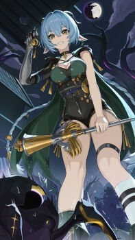 1girl 1other absurdres accessories animal_ears bare_tree bell black_unitard boots braid braided_twintails breasts building choker cleavage cloud collarbone commentary_request earrings ethereal_(zenless_zone_zero) from_below goat goat_ears goat_girl goat_horns green_boots grin highres holding holding_bell holding_staff hood horns jewelry key key_choker knee_strap long_hair looking_at_another lucia_elowen medallion medium_breasts mole mole_on_arm moon night night_sky outdoors pointy_ears rx-c scared single_sleeve single_sock sky smile socks staff sweat tree twintails white_socks zenless_zone_zero