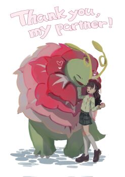 1girl all_fours antennae belt blunt_bangs brown_hair closed_eyes colored_skin commentary_request earrings english_text flower full_body gen_2_pokemon green_skin hamo982_6 heads_together heart highres holding holding_poke_ball jewelry kneehighs long_hair long_sleeves looking_at_another mega_meganium mega_pokemon mega_ring meganium miniskirt neck_flower nintendo one_eye_closed open_mouth pink_flower poke_ball pokemon pokemon_legends:_z-a simple_background size_difference skirt smile socks standing wavy_hair white_background white_flower white_socks