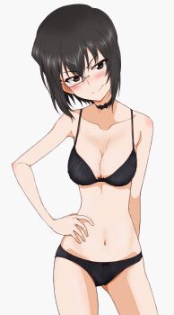 1girl black_bra black_choker black_hair black_panties blush bra breasts brown_eyes choker cleavage closed_mouth girls_und_panzer hand_on_own_hip highres kawashima_momo kayabakoro large_breasts looking_at_viewer monocle navel panties short_hair simple_background solo underwear underwear_only white_background