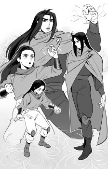 1boy 1girl aged_down androgynous battle_tendency boots cape child electricity father_and_daughter fighting_stance greyscale hakmonss highres jojo_no_kimyou_na_bouken knee_pads lisa_lisa long_hair monochrome scarf straizo