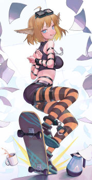 1girl absurdres aciddrop_(arknights) ahoge ankle_cuffs arknights arms_behind_back bdsm blonde_hair blue_eyes bondage bound bound_arms coffee_mug coffee_pot cup goggles goggles_on_head highres large_variant_set looking_at_viewer midriff mug pantyhose saaal653 second-party_source shoes skateboard sneakers solo striped_clothes striped_pantyhose variant_set