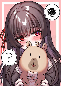 Rule 34 | 1girl, ?, animal, blush, capybara, chisa (wuthering waves), commentary request, highres, holding, holding animal, long hair, looking to the side, mole, mole under eye, namipon (wuthering waves), portrait, red eyes, solo, spoken question mark, spoken squiggle, squiggle, uissu, wuthering waves