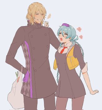 1boy 1girl 1other ai_the_somnium_files ai_the_somnium_files:_nirvana_initiative aiba_(ai_the_somnium_files) anger_vein bag black_pants blonde_hair blue_hair blush braid buttons closed_eyes collared_shirt commentary cowboy_shot date_kaname english_commentary gloves hair_between_eyes hand_on_own_hip headpat high_collar highres long_hair long_sleeves looking_at_another medium_hair necktie okiura_mizuki open_mouth pants pantyhose plastic_bag purple_gloves red_necktie shirt simple_background spring_onion stellarstellie teeth twin_braids twintails very_long_hair vest