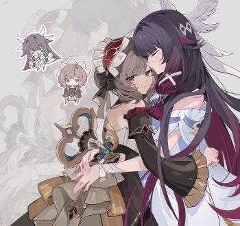 Rule 34 | 2girls, absurdres, black bow, black dress, black hair, blue eyes, blush, bow, brown hair, chinese commentary, closed eyes, columbina (genshin impact), commentary request, deformed, dress, eye mask, genshin impact, head wings, headdress, highres, hug, long sleeves, mask, multicolored hair, multiple girls, purple hair, sandrone (genshin impact), two-tone hair, white dress, white headdress, white wings, winding key, wings, xu (anniechika), yuri