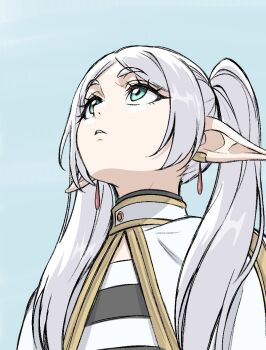 1girl blue_sky capelet clear_sky commentary earrings elf english_commentary eyelashes frieren gold_trim green_eyes grey_hair hair_over_shoulder head_back jewelry long_pointy_ears looking_up parted_bangs parted_lips pointy_ears shirt simple_background sky solo sousou_no_frieren striped_clothes striped_shirt teardrop_earrings twintails upward_angle_frieren_drawing white_capelet zantyarz
