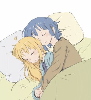 2girls ahoge blonde_hair blue_hair blue_hoodie bocchi_the_rock! brown_hoodie commentary cuddling hood hoodie ijichi_nijika long_hair long_sleeves multiple_girls nickle333ml parted_lips pillow short_hair sleeping symbol-only_commentary under_covers yamada_ryo yuri