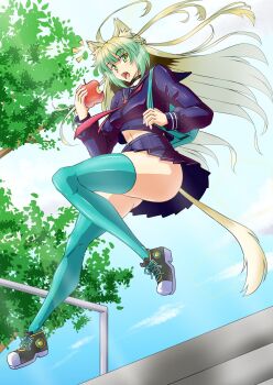 1girl alternate_costume animal_ear_fluff animal_ears apple aqua_thighhighs atalanta_(fate) backpack bag blonde_hair blue_skirt blue_sky cloud commentary_request day fang fate/grand_order fate_(series) floating_hair food fruit green_hair green_shoes highres holding holding_food holding_fruit lion_ears lion_tail long_hair midriff multicolored_hair open_mouth pleated_skirt pseudo-tokyo_school_uniform rofu_get school_uniform shoes skirt sky solo tail thighhighs two-tone_hair