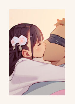1boy 1girl age_difference blindfold brown_hair closed_eyes flower hair_flower hair_ornament hetero highres jacket kiss loli long_sleeves muk_(monsieur) textless_version tiny_evil upper_body white_jacket yuu_(tiny_evil)