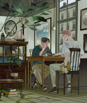 Rule 34 | 2boys, arm at side, black hair, black sandals, black shoes, book, brown hair, brown pants, chair, chest of drawers, cigarette, closed mouth, commentary request, expressionless, glasses, grey shirt, hand up, hanging light, highres, holding, holding book, holding cigarette, indoors, light bulb, male focus, mirror, multiple boys, on chair, original, pants, photo (object), picture frame, pile of books, plant, potted plant, saiga tokihito, sandals, shirt, shoes, short hair, short sleeves, sitting, slice of life, table, toy boat, very short hair, watch, white shirt, window, wooden floor, wristwatch